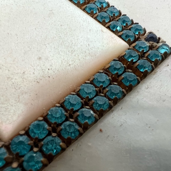 Antique Vintage Mother of Pearl & Blue Rhinestone Mirror Powder Beauty Compact - Picture 2 of 9